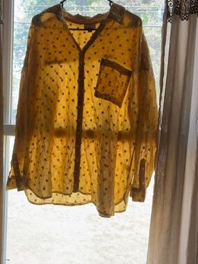 Sheer Polka Dot Button-Front Blouse - Mustard